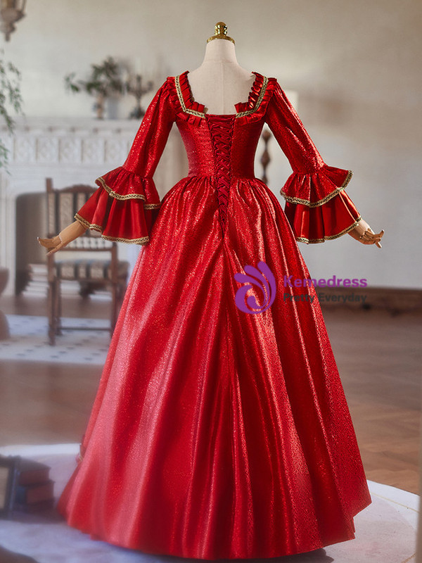Red Long Sleeve Pleats Baroque Vintage Gown Dress