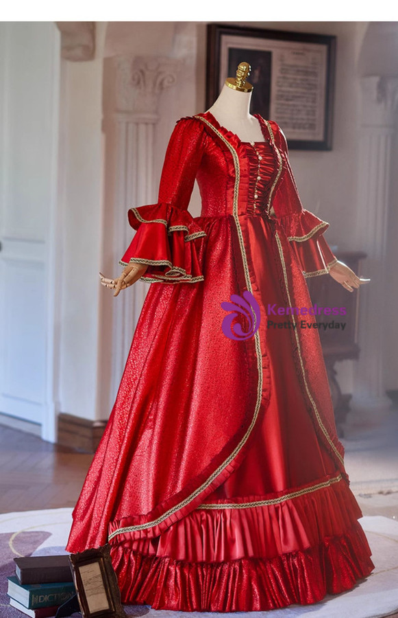 Red Long Sleeve Pleats Baroque Vintage Gown Dress