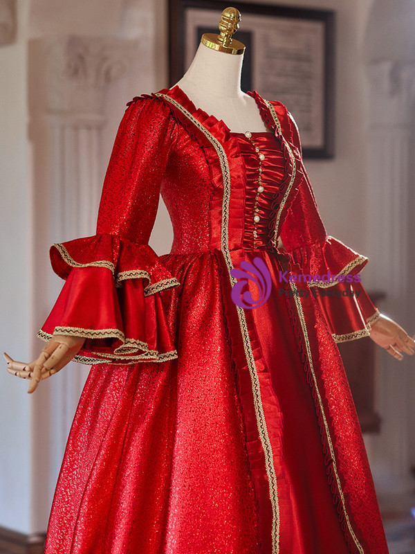 Red Long Sleeve Pleats Baroque Vintage Gown Dress