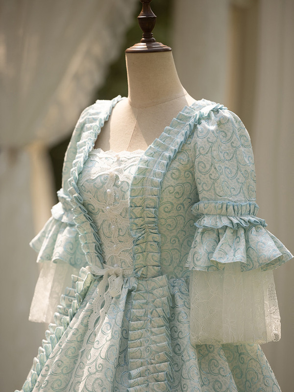 Blue Short Sleeve Pleats Vintage Gown Dress