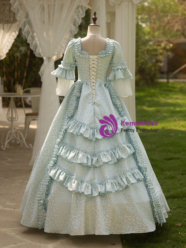 Blue Short Sleeve Pleats Vintage Gown Dress