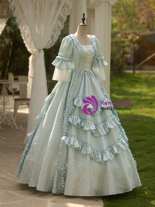 Blue Short Sleeve Pleats Vintage Gown Dress