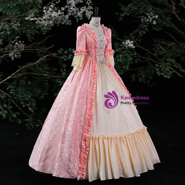 Pink Long Sleeve Rococo Print Vintage Dress