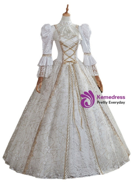 White Long Sleeve Lace Rococo Vintage Dress