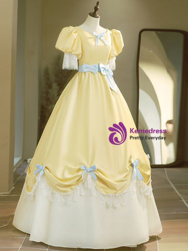 Yellow Puff Sleeve Bow Lace Vintage Dress