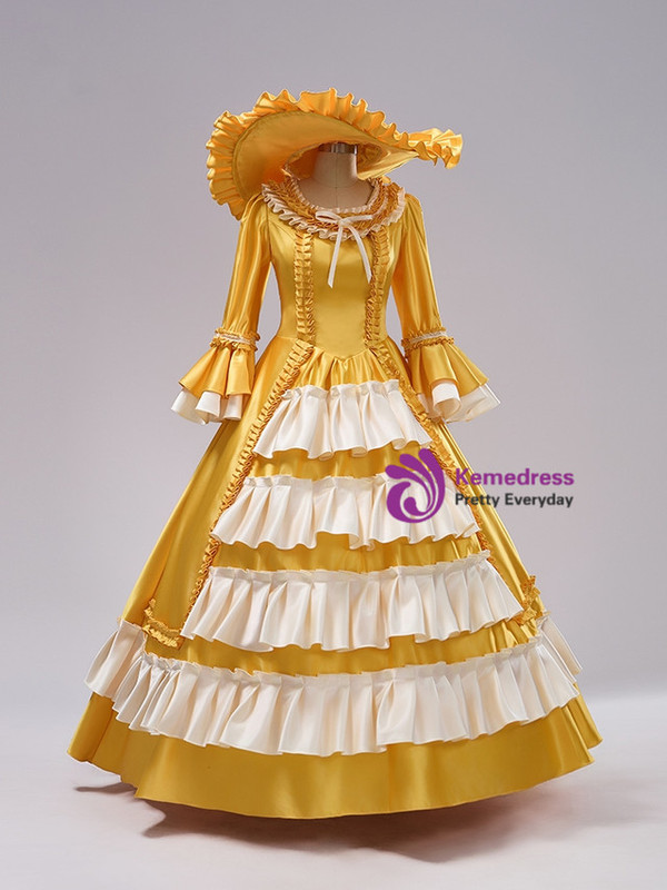 Yellow Satin Long Sleeve Victorian Vintage Gown Dress