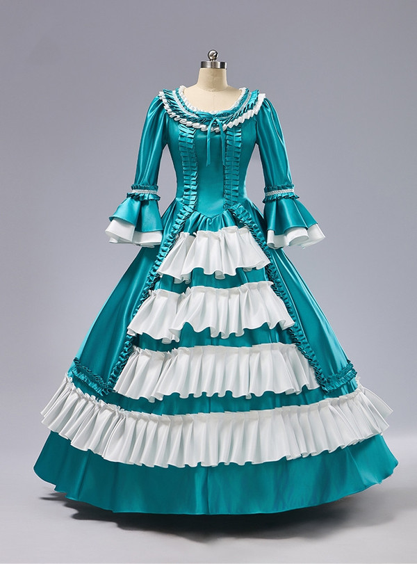 Blue Satin Long Sleeve Baroque Vintage Gown Dress