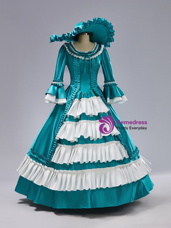 Blue Satin Long Sleeve Baroque Vintage Gown Dress