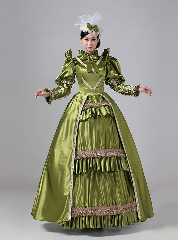 Green Satin Long Sleeve Rococo Baroque Vintage Dress