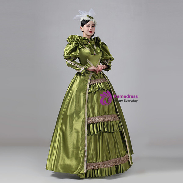 Green Satin Long Sleeve Rococo Baroque Vintage Dress