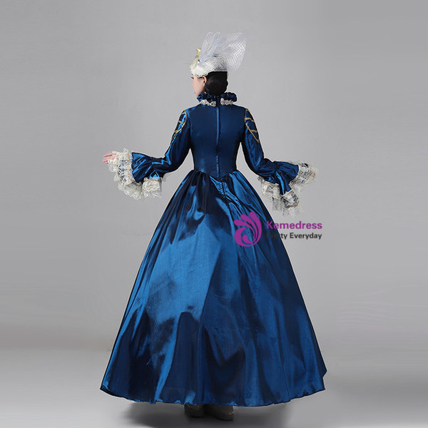 Navy Blue Satin Long Sleeve Rococo Victorian Dress