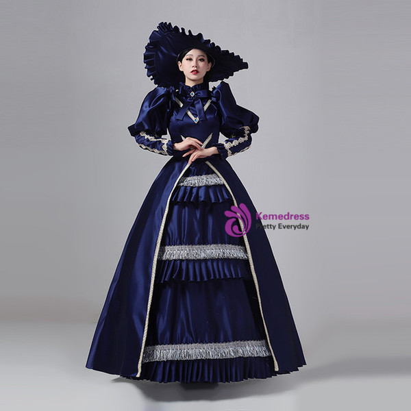 Navy Blue Satin Long Sleeve Bow Vintage Victorian Dress