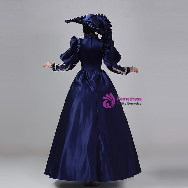 Navy Blue Satin Long Sleeve Bow Vintage Victorian Dress
