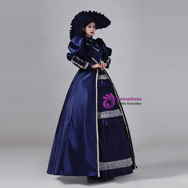 Navy Blue Satin Long Sleeve Bow Vintage Victorian Dress