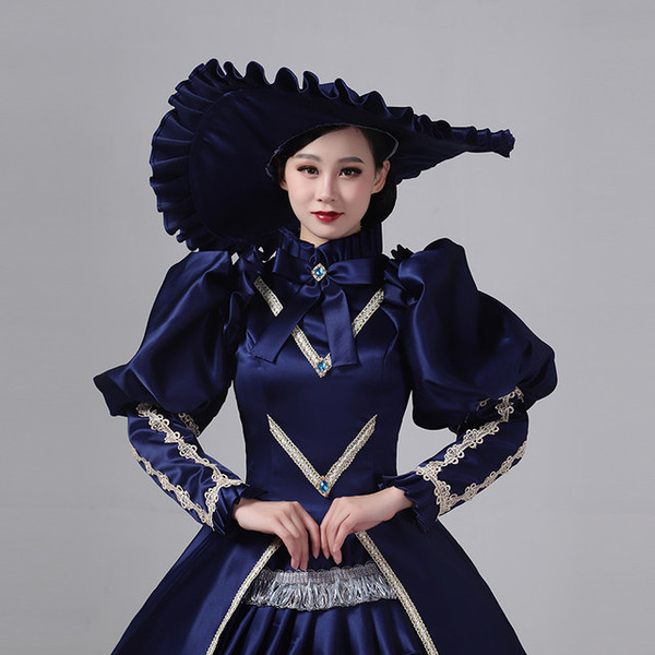Navy Blue Satin Long Sleeve Bow Vintage Victorian Dress