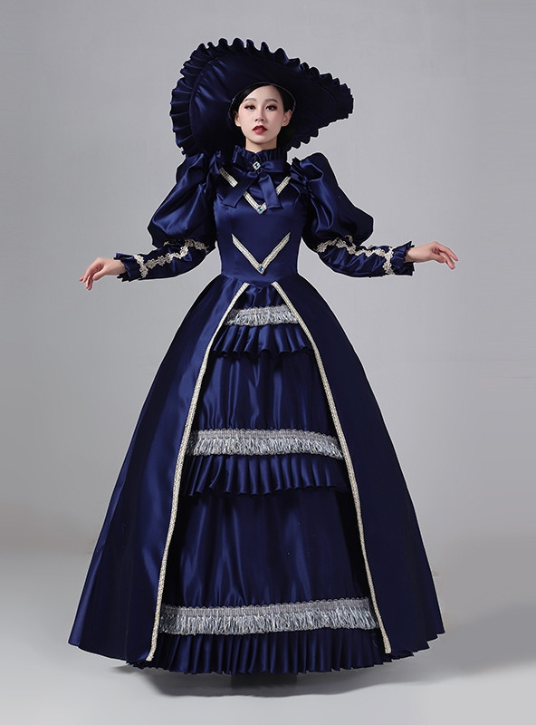 Navy Blue Satin Long Sleeve Bow Vintage Victorian Dress