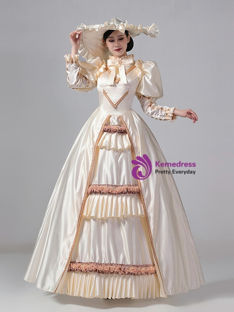 Champagne Satin Long Sleeve Rococo Vintage Dress