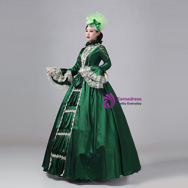 Green Satin Long Sleeve Rococo Vintage Dress