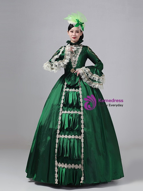 Green Satin Long Sleeve Rococo Vintage Dress