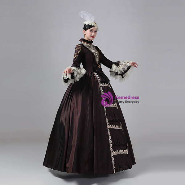 Brown Satin Long Sleeve Lace Rococo Dress
