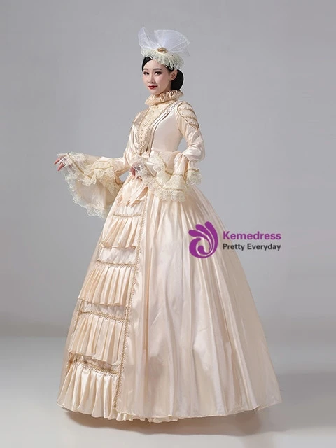 Champagne Satin Long Sleeve Rococo Vintage Dress