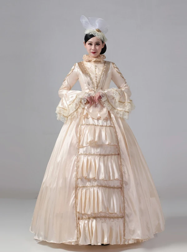 Champagne Satin Long Sleeve Rococo Vintage Dress