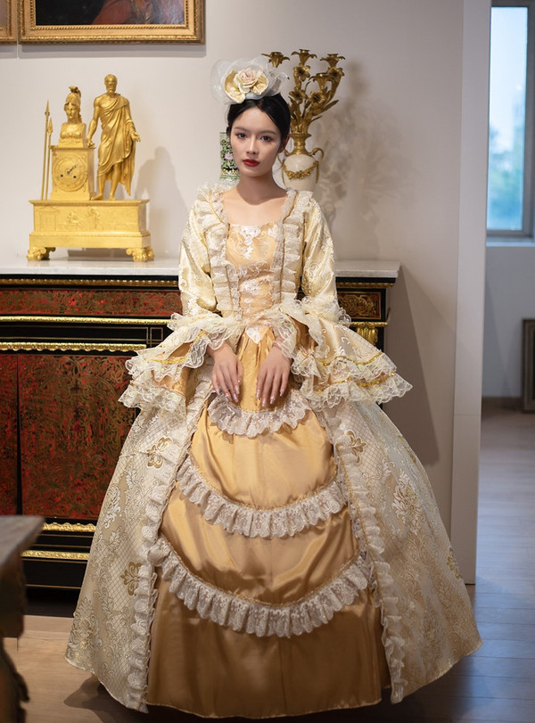 Gold Long Sleeve Lace Baroque Vintage Dress
