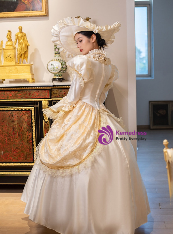 Champagne Satin Long Sleeve Rococo Vintage Dress