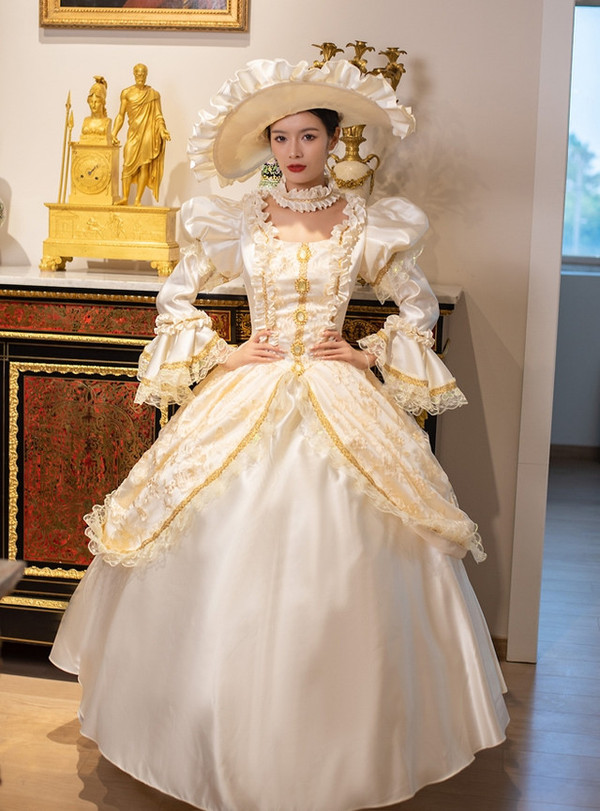 Champagne Satin Long Sleeve Rococo Vintage Dress