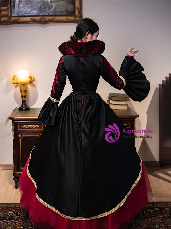 Burgundy Black Satin Long Sleeve Vintage Dress