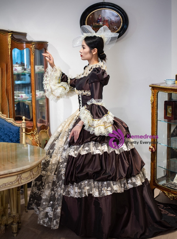Coffee Satin Long Sleeve Rococo Vintage Dress