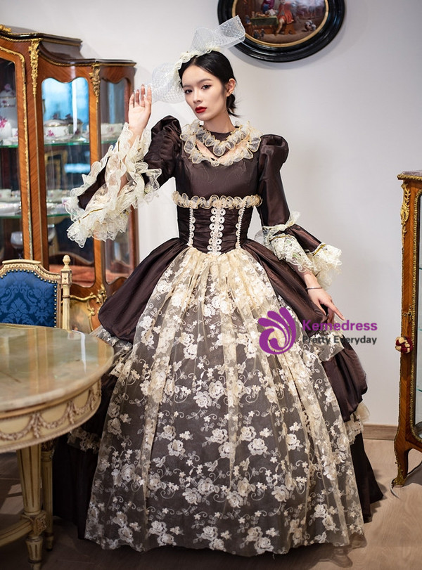 Coffee Satin Long Sleeve Rococo Vintage Dress