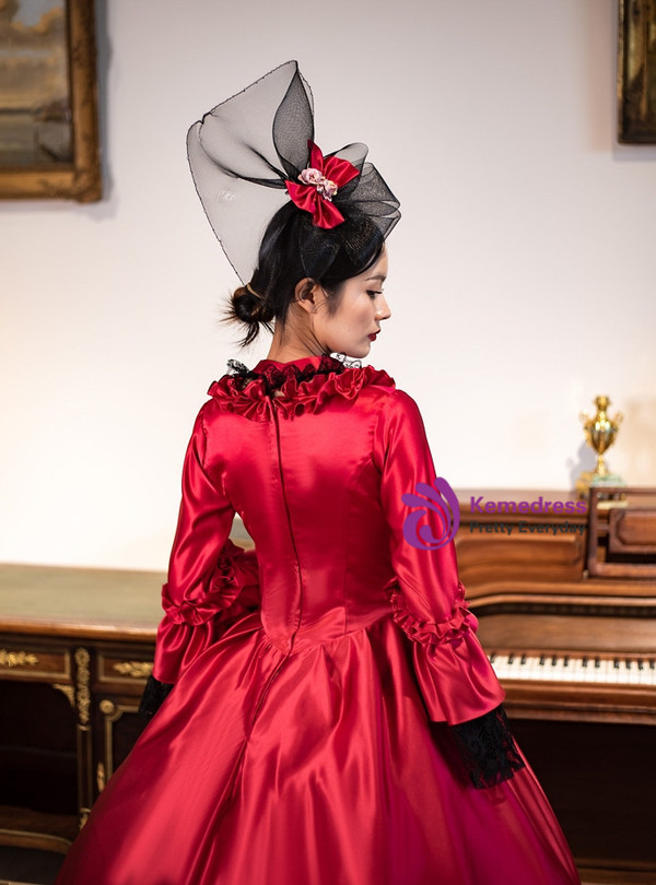 Burgundy Satin Long Sleeve Lace Rococo Vintage Dress