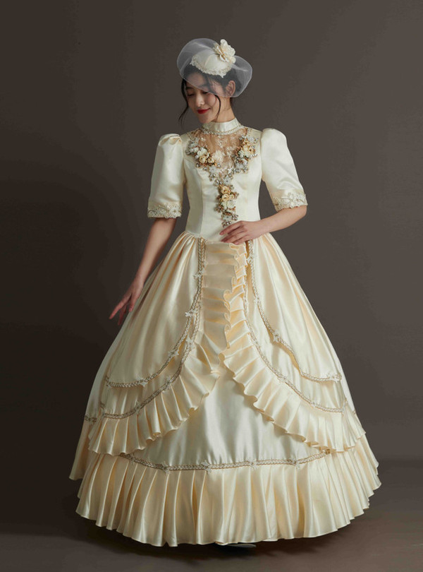 Champagne Satin Short Sleeve Appliques Vintage Dress