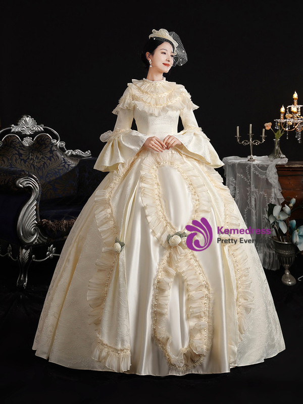 Champagne Satin Long Sleeve Vintage Dress