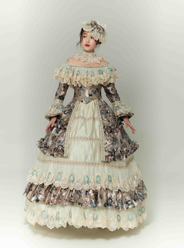 Ball Gown Print Lace Long Sleeve Vintage Dress