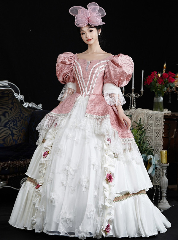 Pink White Puff Sleeve Flower Rococo Vintage Dress