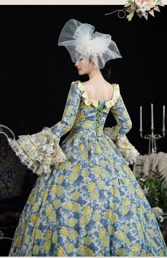 Green Long Sleeve Print Lace Vintage Rococo Dress