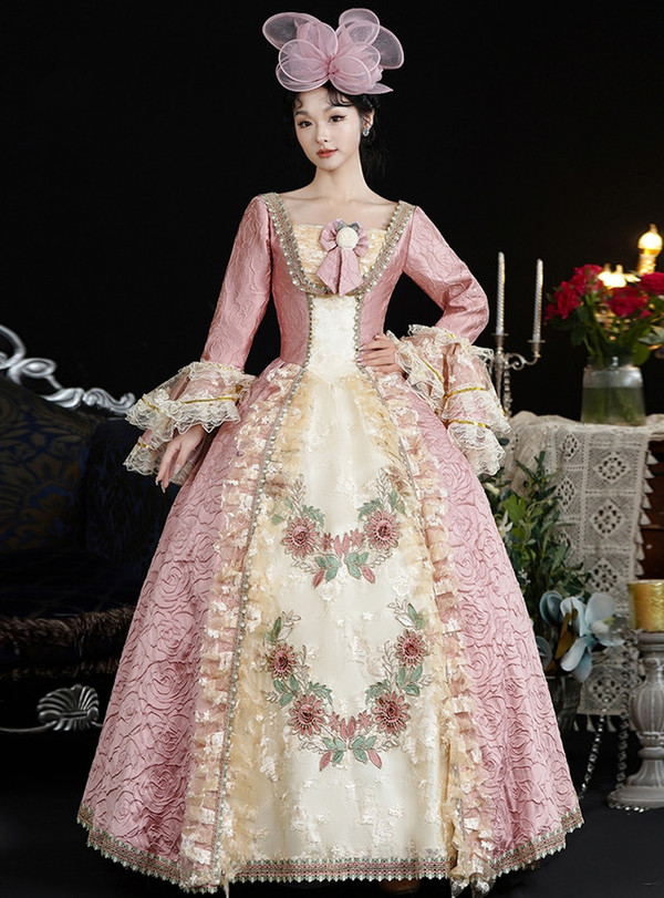 Pink Ball Gown Print Long Sleeve Vintage Dress