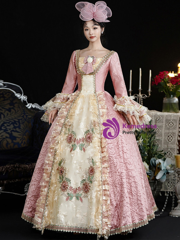 Pink Ball Gown Print Long Sleeve Vintage Dress