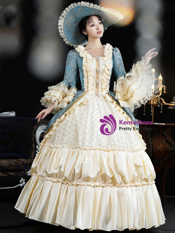 Champagne Blue Lace Long Sleeve Vintage Dress