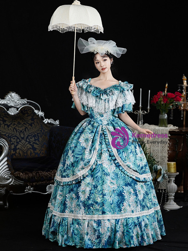 Blue Palace Print Lace Vintage Victorian Dress