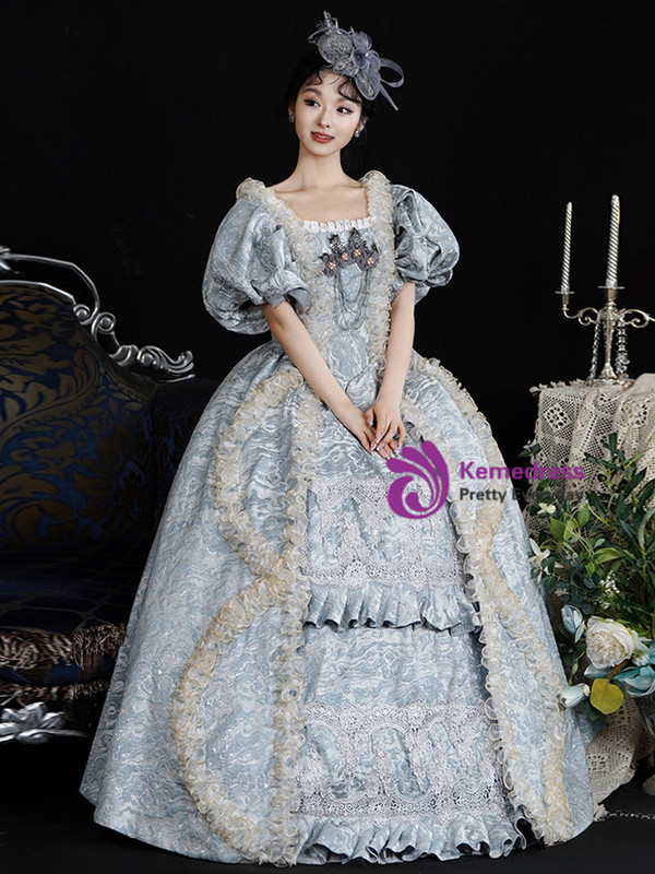 Gray Ball Gown Puff Sleeve Rococo Vintage Dress