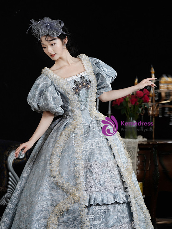 Gray Ball Gown Puff Sleeve Rococo Vintage Dress
