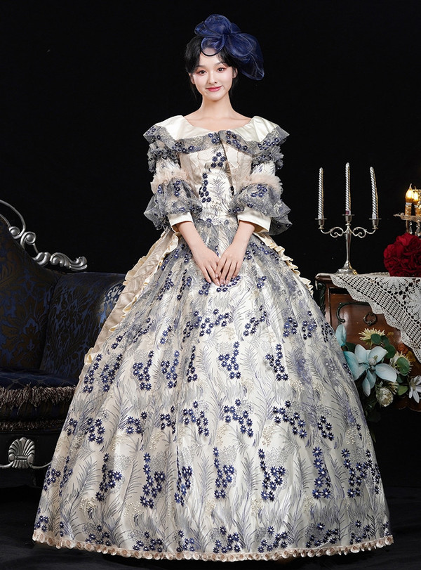 Champagne Long Sleeve Print Vintage Dress