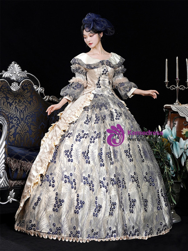 Champagne Long Sleeve Print Vintage Dress