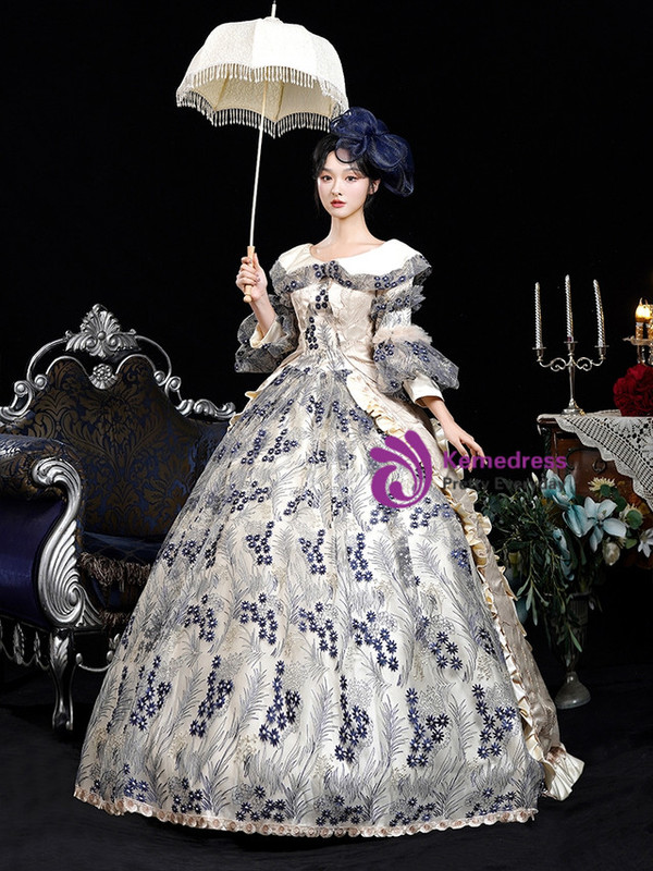 Champagne Long Sleeve Print Vintage Dress