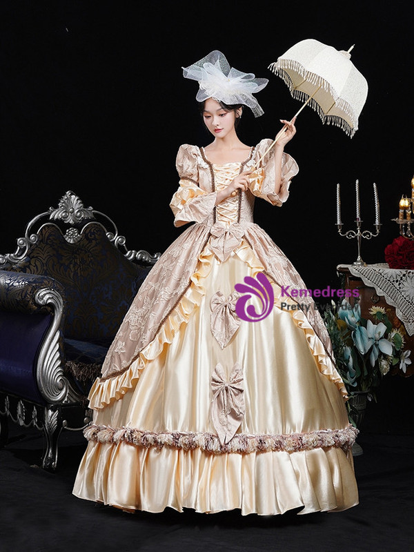 Champagne Satin Long Sleeve Bow Rococo Vintage Dress