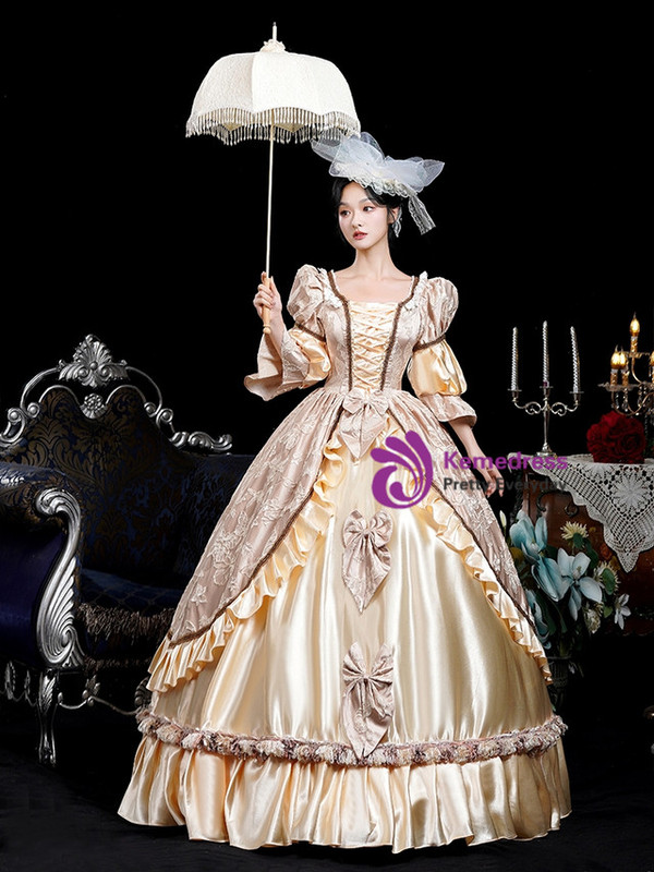 Champagne Satin Long Sleeve Bow Rococo Vintage Dress