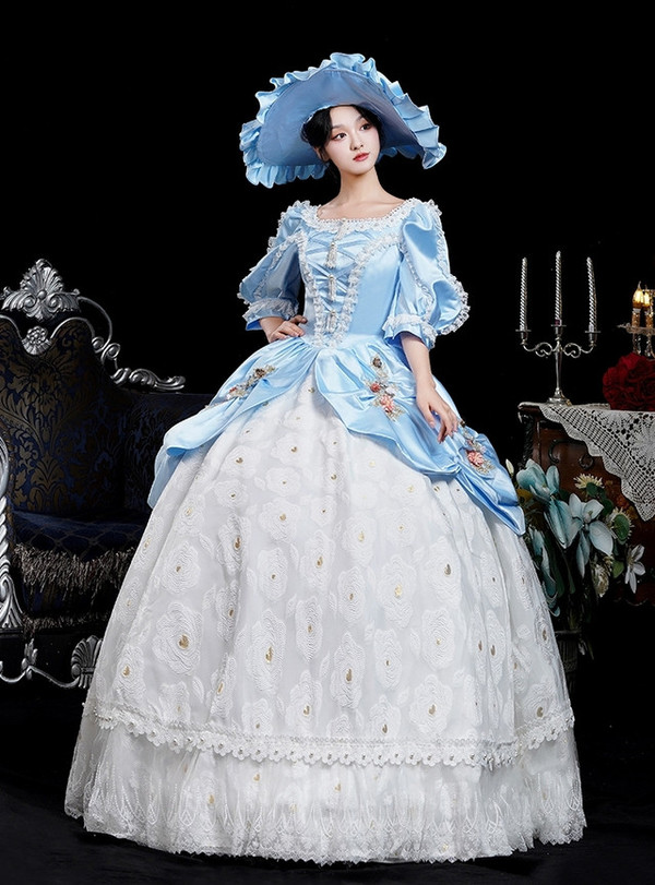 Blue Satin Short Sleeve 3D Flower Vintage Rococo Dress